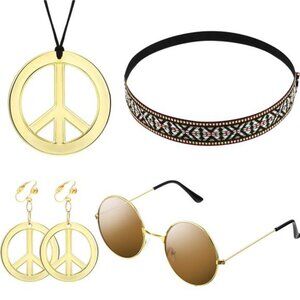 4 Pcs 70s Accessories Women Hippie Costume Set - Sunglasses, Necklace Earrings